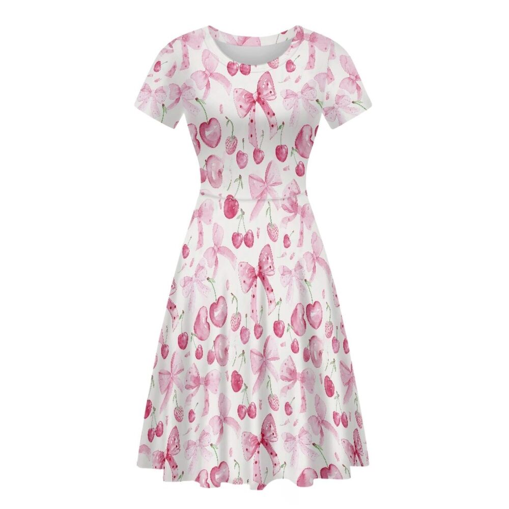 4841 Cute Bows Pink Cherry Summer Short Sleeve Midi Dresses Casual Crew